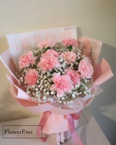 Mother's Day Carnations Bouquet in Pink Floral Paper w. Baby's Breaths