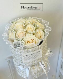 White Rose Round Russian Bouquet in Luxury Wrapping
